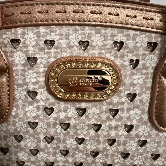 BRANGIO ITALIAN HANDBAG LEATHER HEARTS FLOWERS SHINY CROSSBODY STRAP HANDLES - Picture 3 of 15